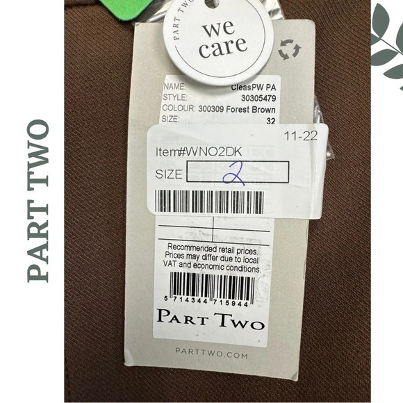 Part Two  CLEASPW Classic Fit Regular Waist Slim Leg Above Ankle Brown Size 2 - Picture 8 of 9